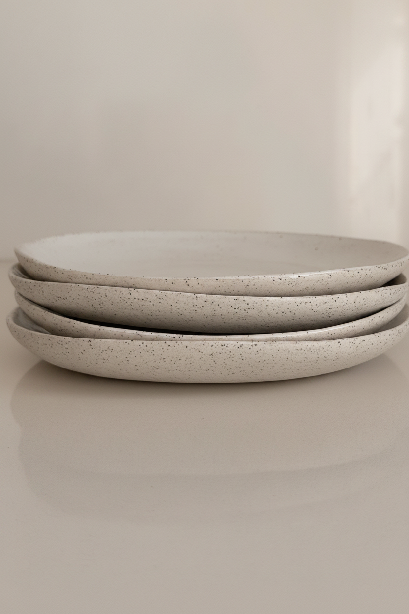 Four stacked plates side view – warm white background